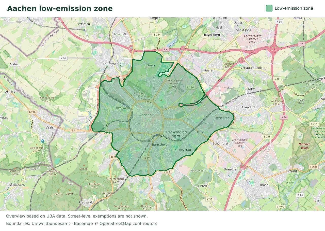 Overview map showing the boundary of the Aachen low-emission zone