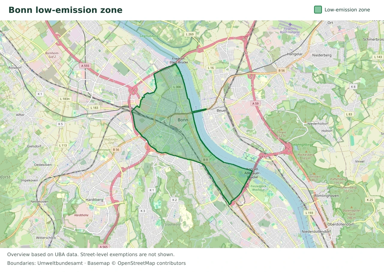 Overview map showing the boundary of the Bonn low-emission zone