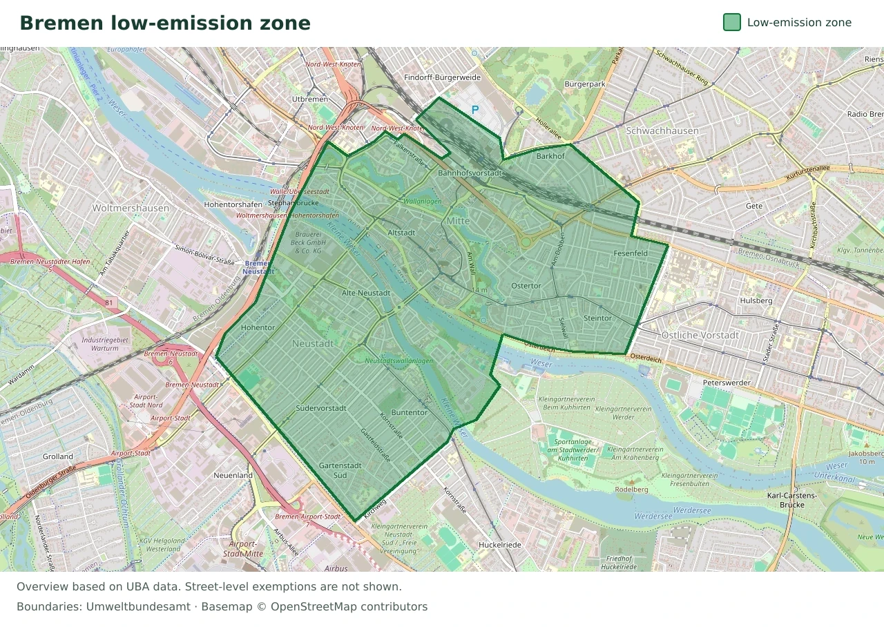 Overview map showing the boundary of the Bremen low-emission zone