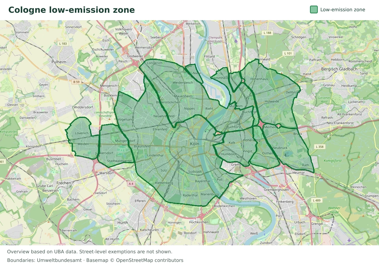 Overview map showing the boundary of the Cologne low-emission zone