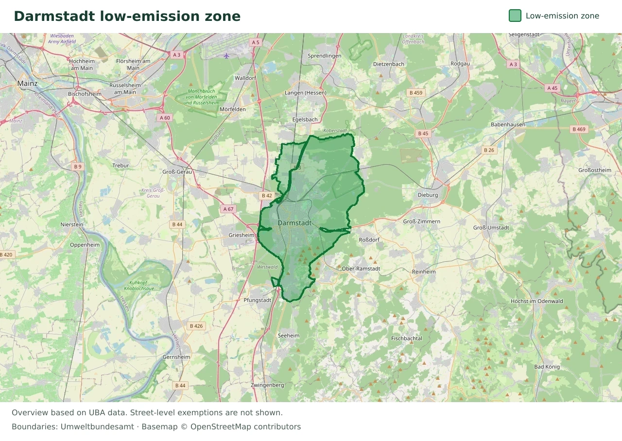 Overview map showing the boundary of the Darmstadt low-emission zone