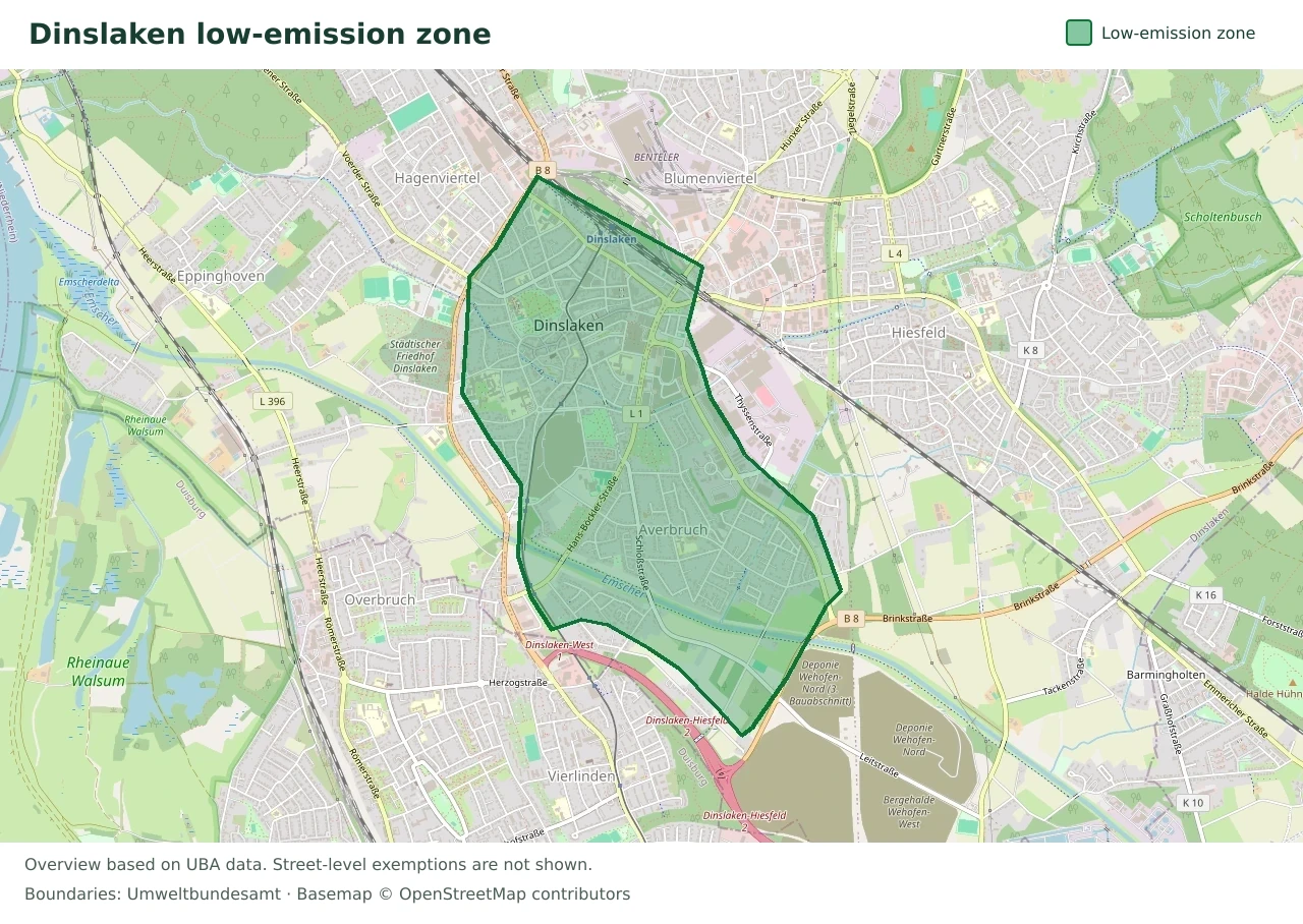 Overview map showing the boundary of the Dinslaken low-emission zone