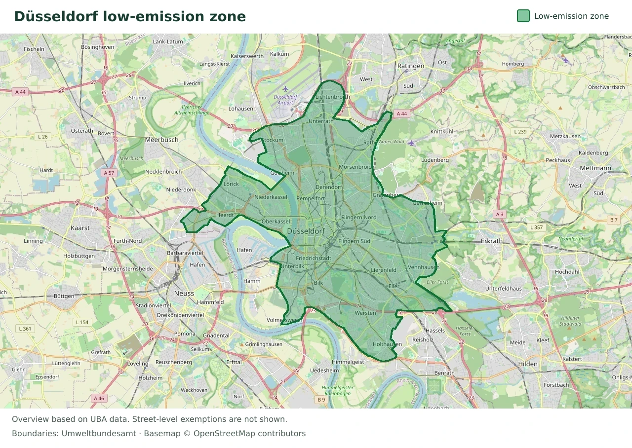 Overview map showing the boundary of the Düsseldorf low-emission zone