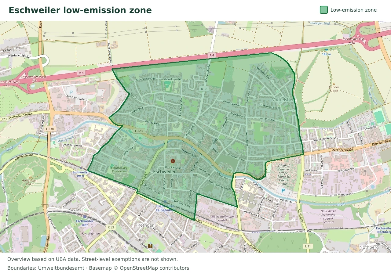 Overview map showing the boundary of the Eschweiler low-emission zone