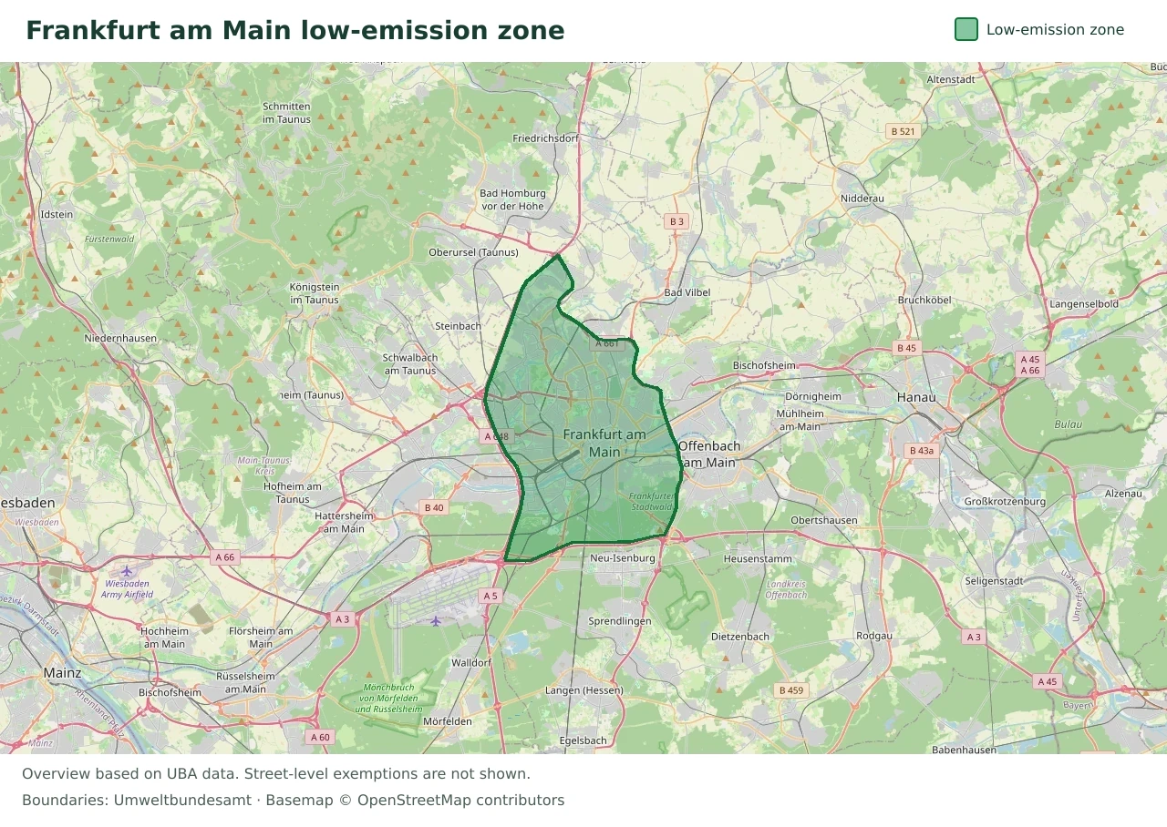 Overview map showing the boundary of the Frankfurt am Main low-emission zone