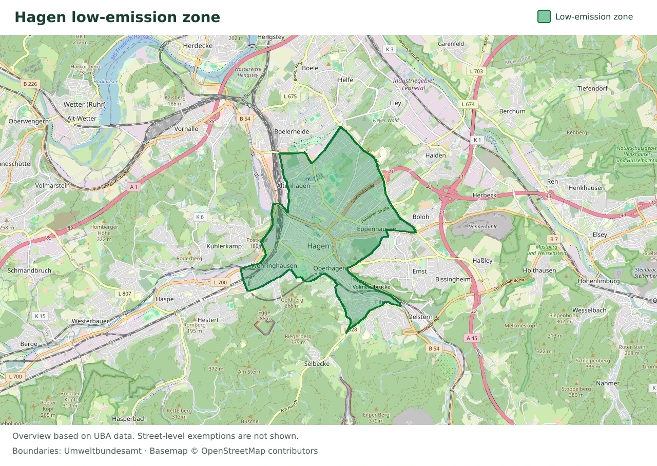 Overview map showing the boundary of the Hagen low-emission zone