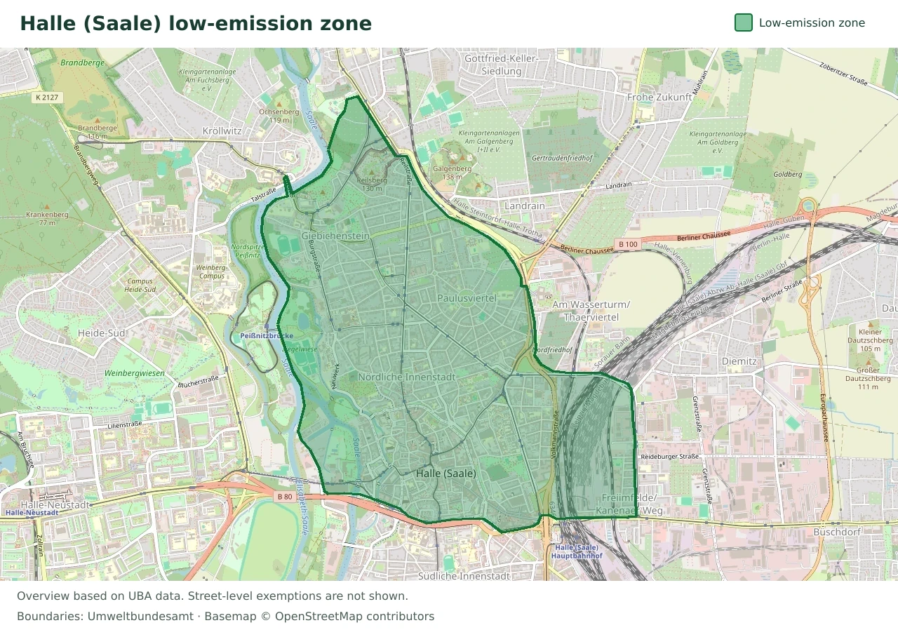 Overview map showing the boundary of the Halle (Saale) low-emission zone