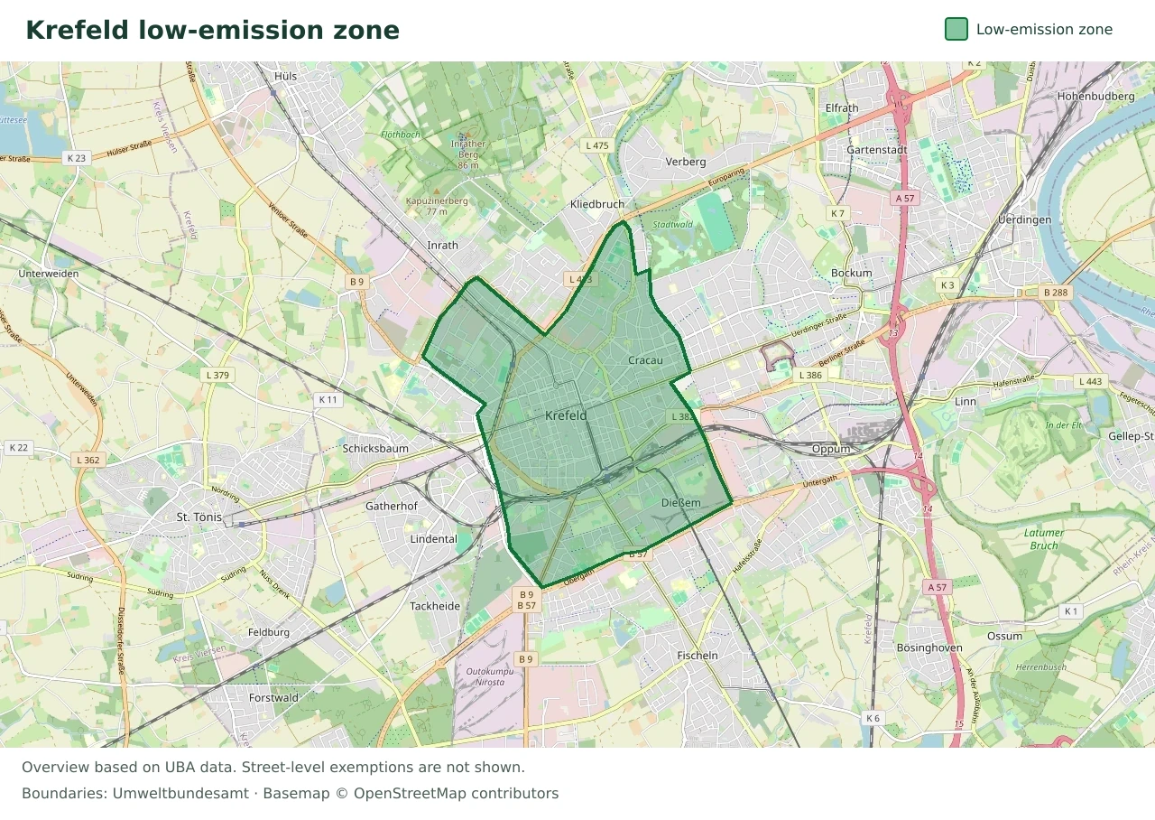 Overview map showing the boundary of the Krefeld low-emission zone