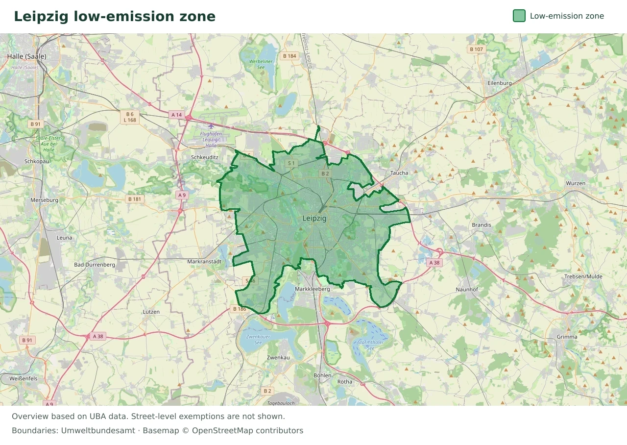 Overview map showing the boundary of the Leipzig low-emission zone