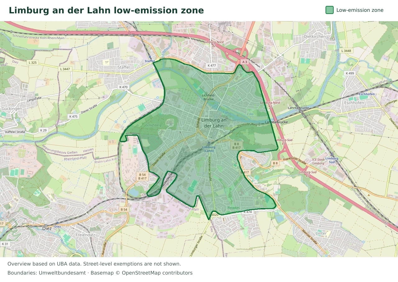 Overview map showing the boundary of the Limburg an der Lahn low-emission zone