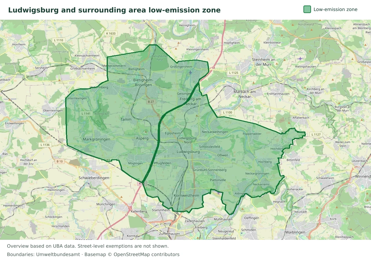 Overview map showing the boundary of the Ludwigsburg and surrounding area low-emission zone