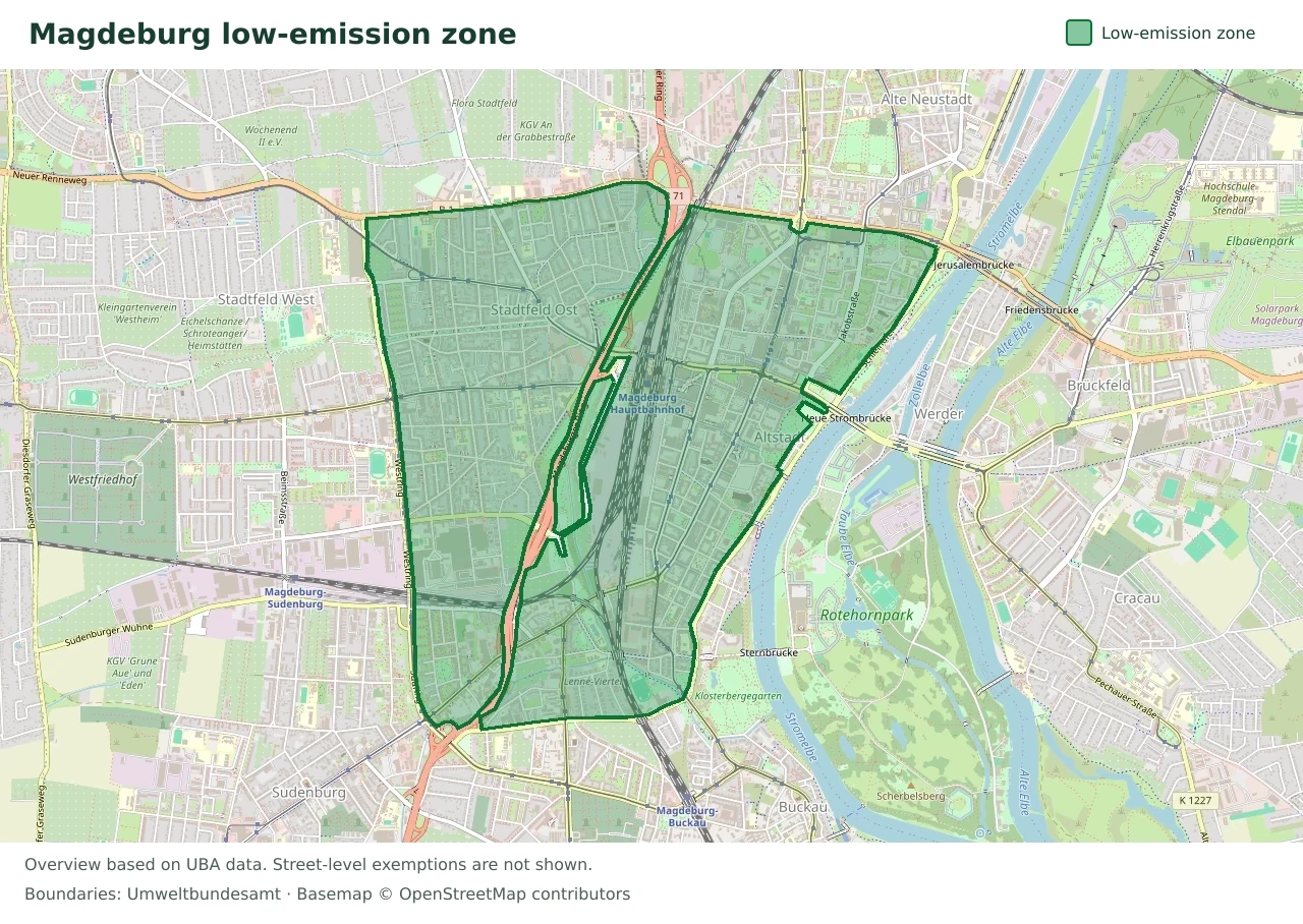 Overview map showing the boundary of the Magdeburg low-emission zone