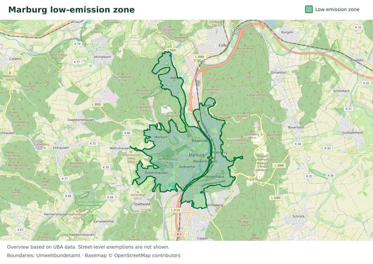 Overview map showing the boundary of the Marburg low-emission zone