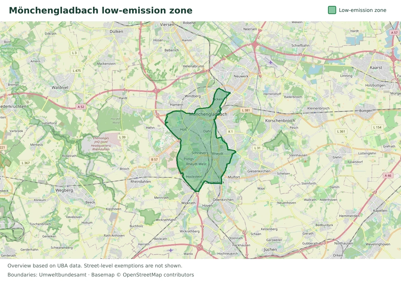 Overview map showing the boundary of the Mönchengladbach low-emission zone