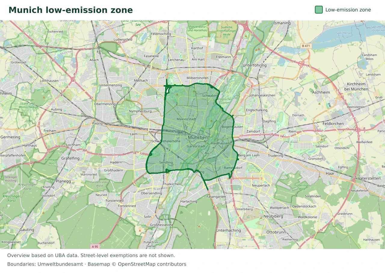 Overview map showing the boundary of the Munich low-emission zone