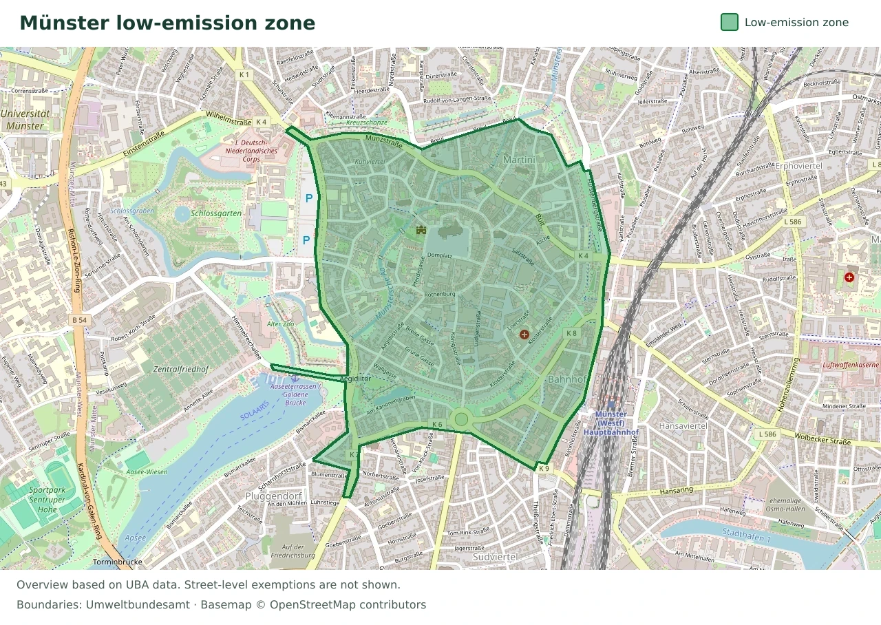Overview map showing the boundary of the Münster low-emission zone