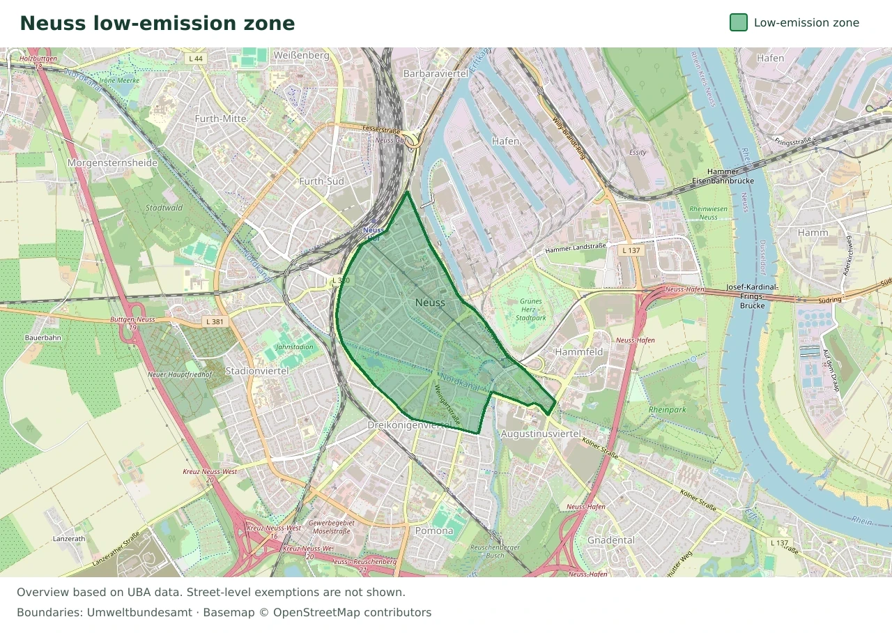 Overview map showing the boundary of the Neuss low-emission zone
