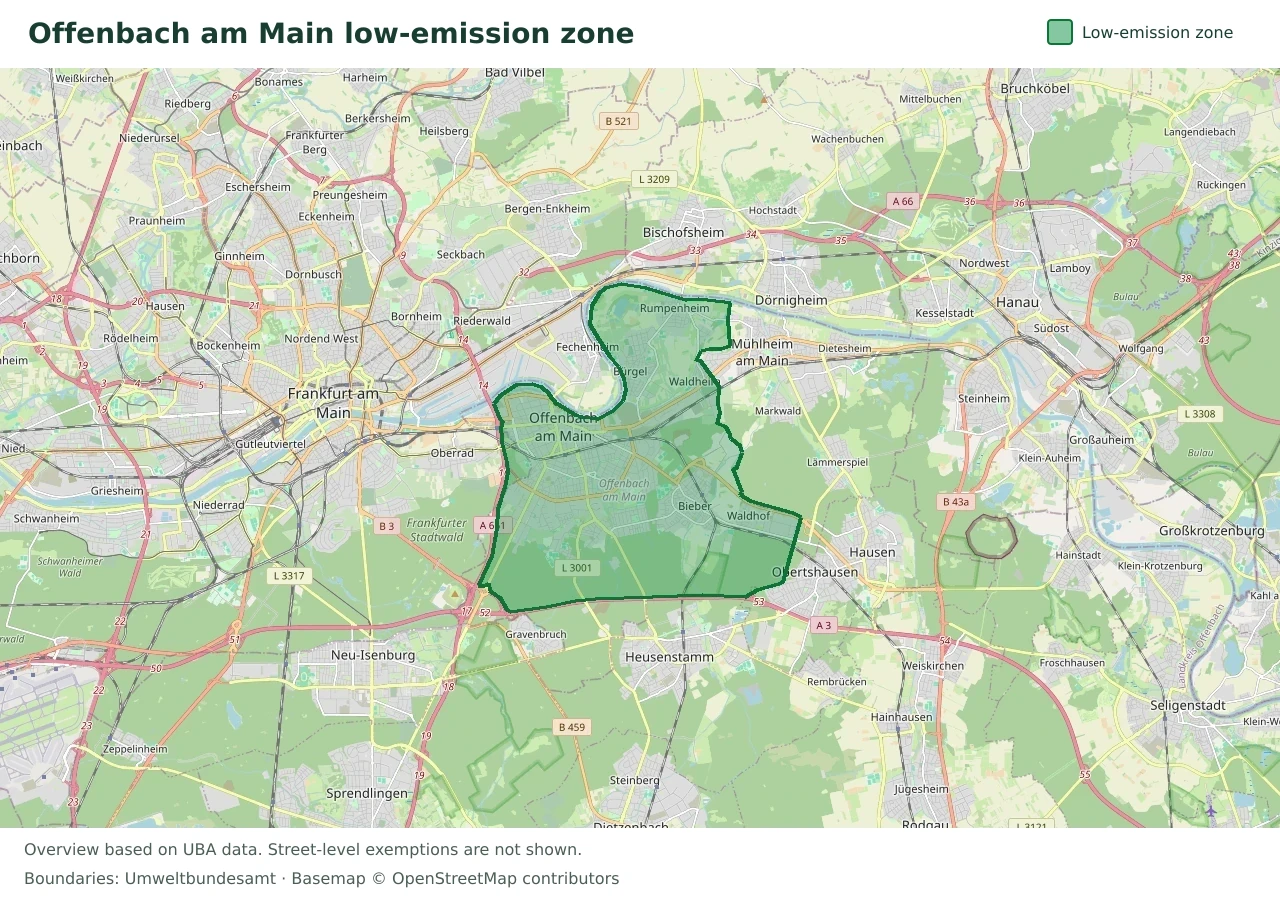 Overview map showing the boundary of the Offenbach am Main low-emission zone