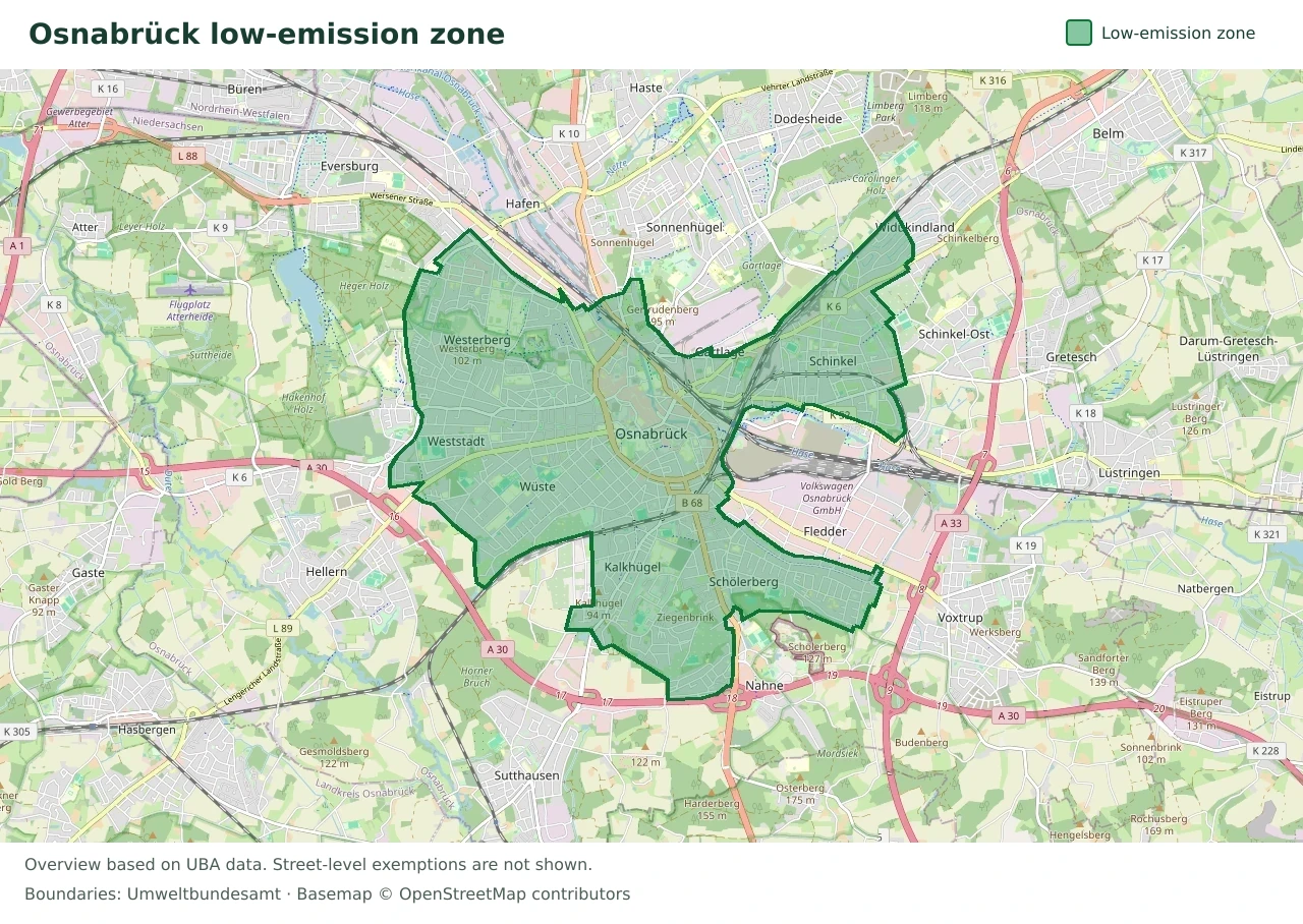 Overview map showing the boundary of the Osnabrück low-emission zone