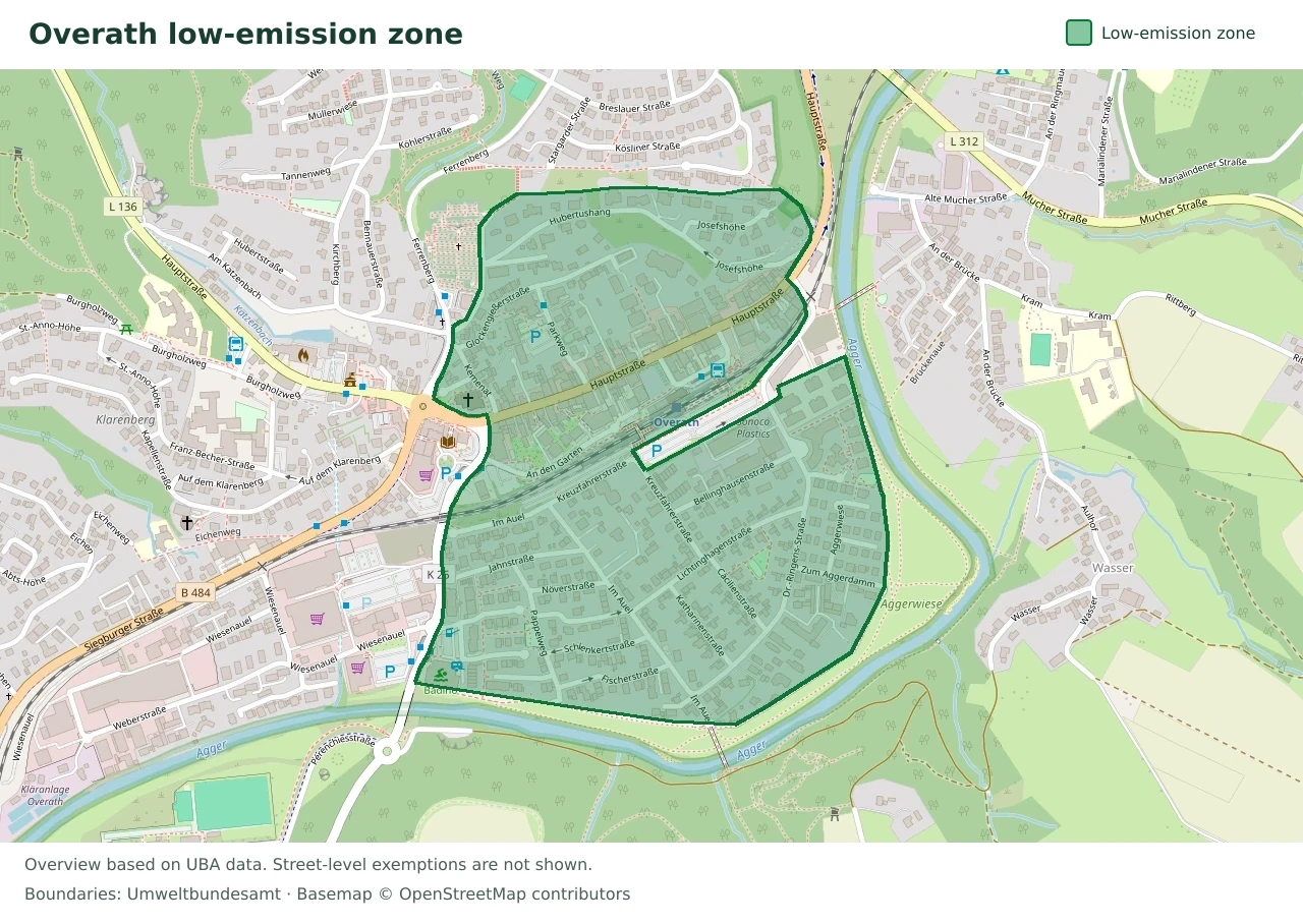 Overview map showing the boundary of the Overath low-emission zone