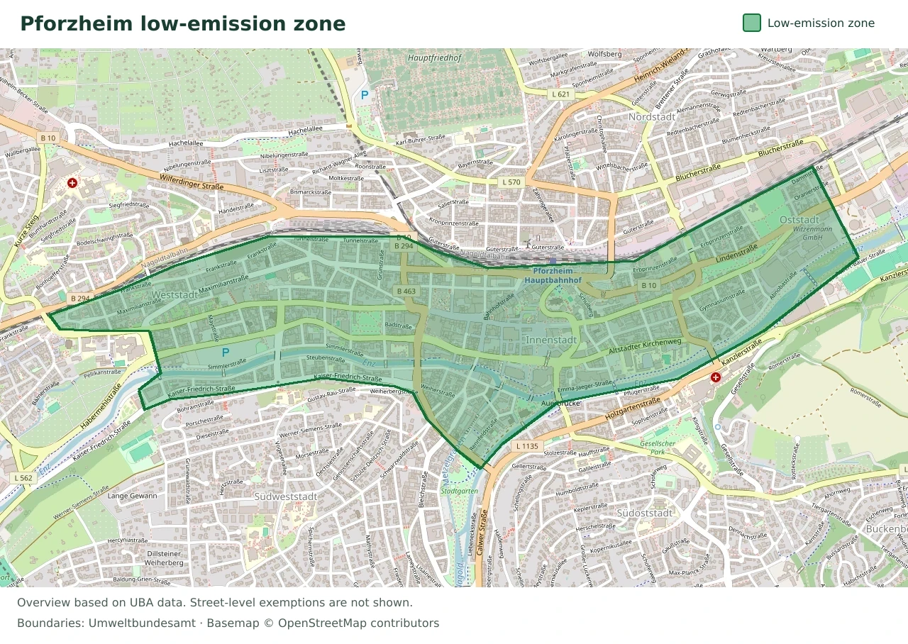 Overview map showing the boundary of the Pforzheim low-emission zone