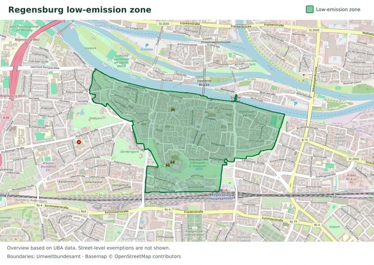 Overview map showing the boundary of the Regensburg low-emission zone