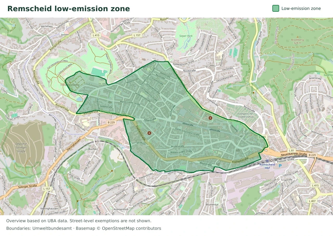 Overview map showing the boundary of the Remscheid low-emission zone