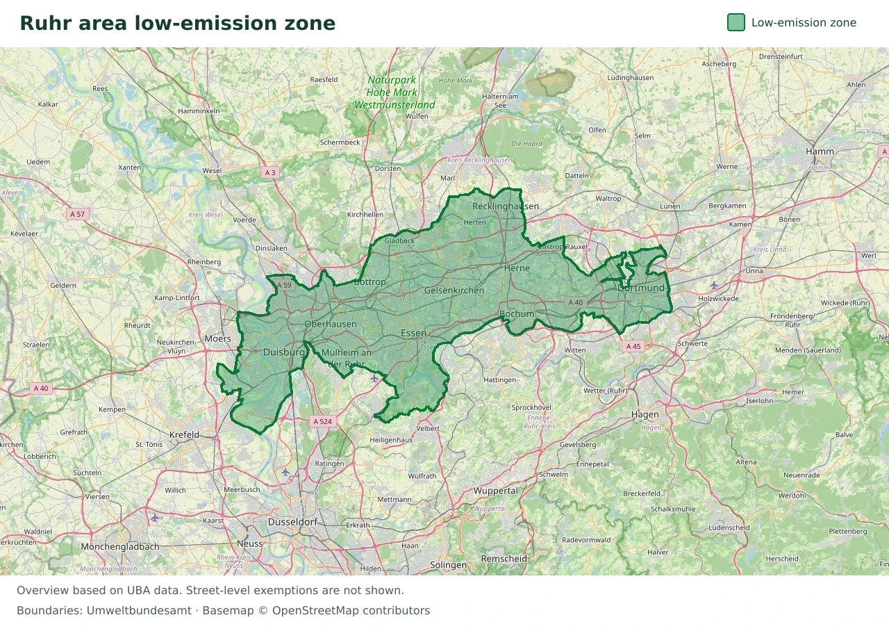 Overview map showing the boundary of the Ruhr area low-emission zone