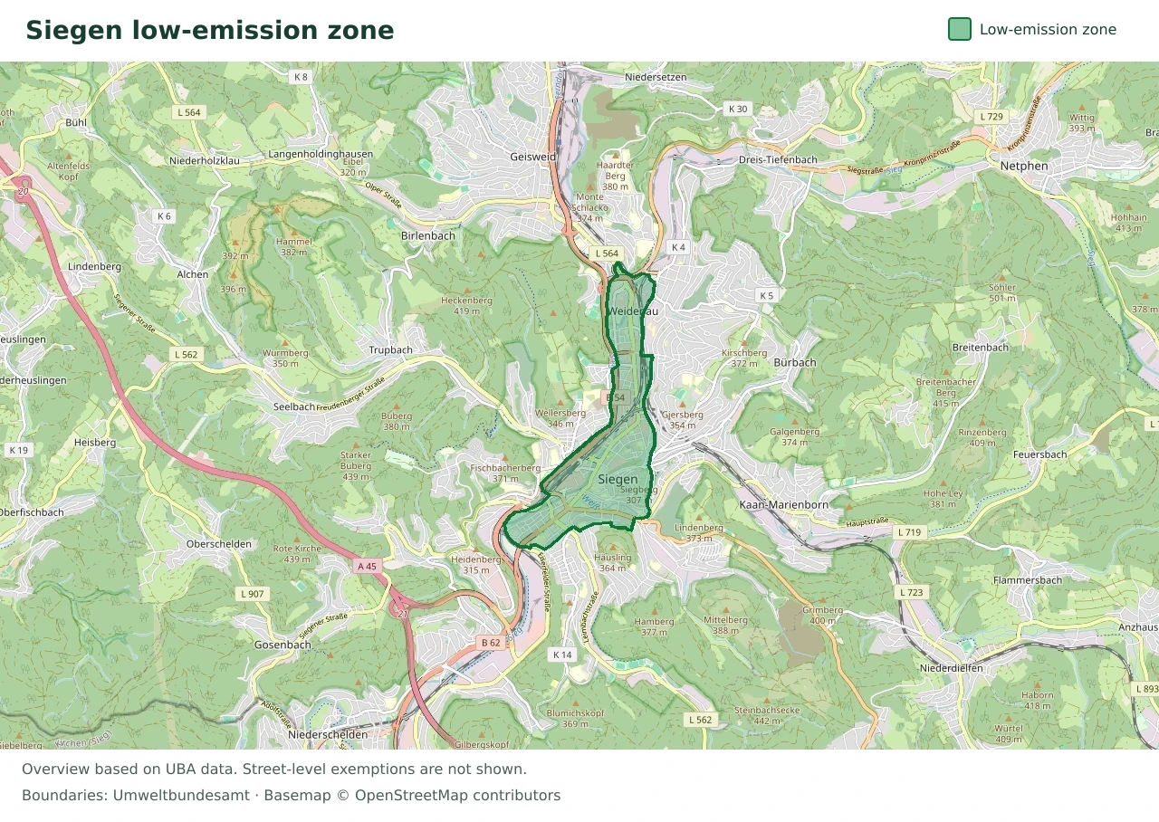 Overview map showing the boundary of the Siegen low-emission zone