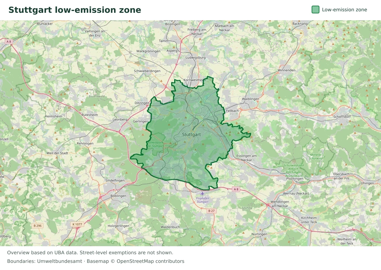Overview map showing the boundary of the Stuttgart low-emission zone