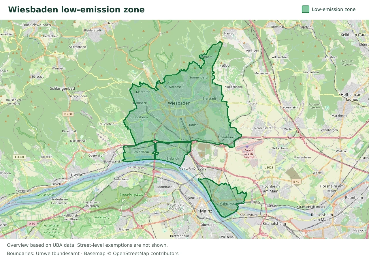 Overview map showing the boundary of the Wiesbaden low-emission zone
