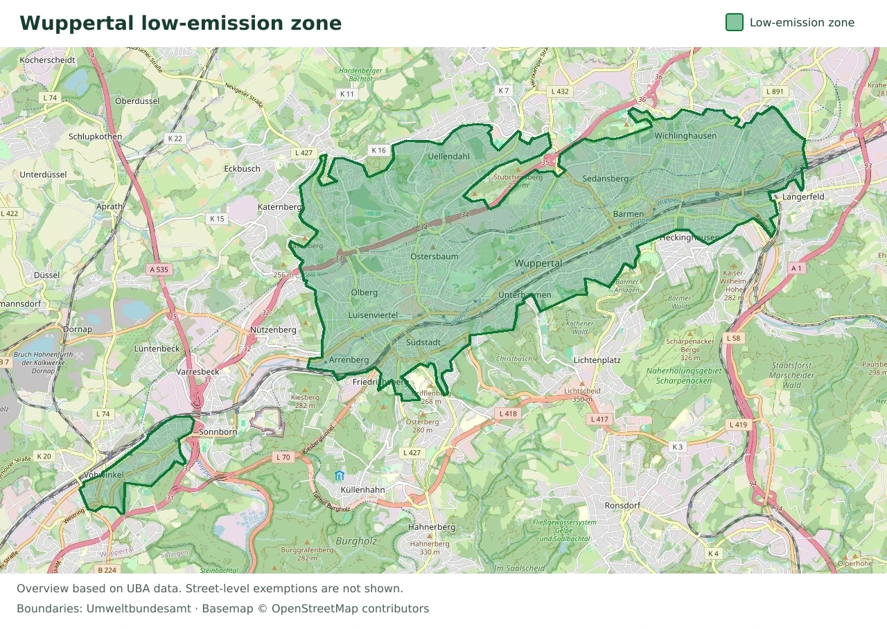 Overview map showing the boundary of the Wuppertal low-emission zone